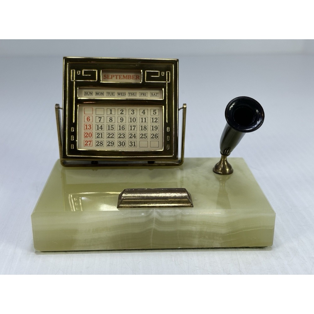 Vintage 1940s Onyx Marble Diamond Point Calender Pen Holder Complete Cards